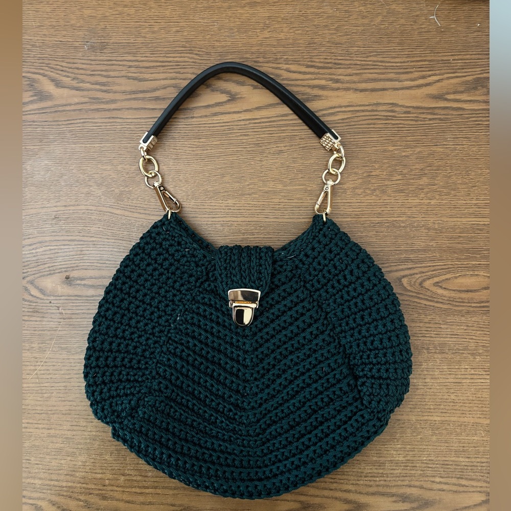 Handmade Crochet Shoulder or Wrist Bag - Deep Forest Green with Gold Hardware